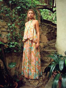 Cider - Tie Dye Women's Backless V-Neck A-Line Maxi Dress Orange