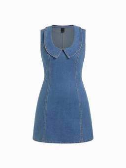 Cider - Stretch Washed Women's Collar Neck Denim Shirt Mini Dress Mid Blue
