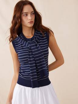 Cider - Knit Striped Women’s Button-Through Scarf Top Navy Blue