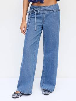 Cider - Washed Women's Low Waist Drawstring Wide Leg Jeans Light Blue