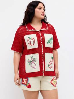 Cider - Crochet Fruit Embroidery Women Button-Up Cardigan Red
