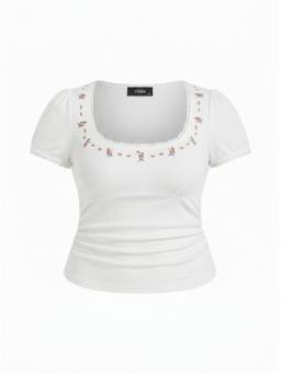 Cider - Cotton-Blend Women Floral Print Ruched Square Neck Top White