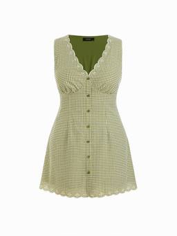 Cider - Cotton Blend Women’s Gingham V-Neck Scallop Hem A-Line Mini Dress Green