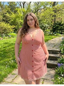 Cider - Cotton Blend Women Gingham V-Neck Scallop Hem A-Line Mini Dress Red