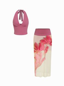 Cider - Mesh Women's Floral Ruched Halter Neck Skirt Set Red
