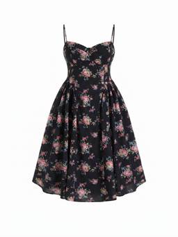 Cider - Floral Sweetheart Women Floral Print Flared Midi Dress Black