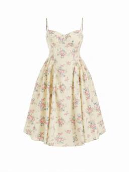 Cider - Floral Sweetheart Women's Floral Print Flared Midi Dress Yellow