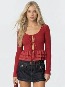 Cider - Tie Front Women’s Ruffle Hem Scoop Neck Top Red