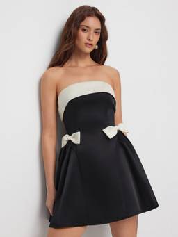 Cider - Satin Colorblock Women's Bow Bandeau A-Line Mini Dress Black