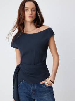 Cider - Linen Blend Women Asymmetrical Neck Belted Blouse Navy Blue