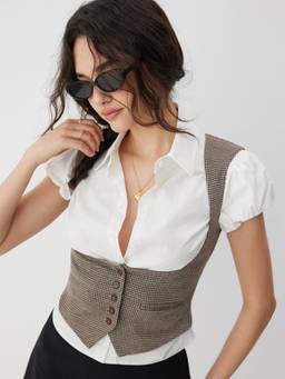 Cider - Jacquard Houndstooth Women’s Square Neck Slim Crop Top Brown