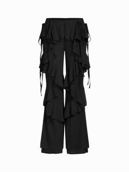 Cider - Chiffon Women's Low Waist Knotted Ruffled Flared Trousers Black