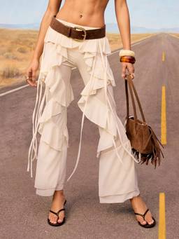 Cider - Chiffon Women's Low Rise Knotted Ruffled Flared Trousers Ecru