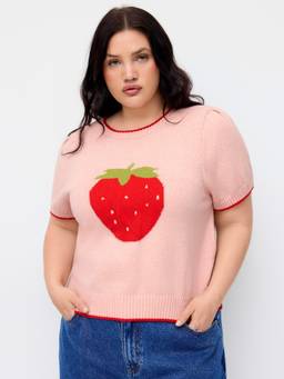 Cider - Knit Strawberry Women's Graphic Contrast Binding Top Pink