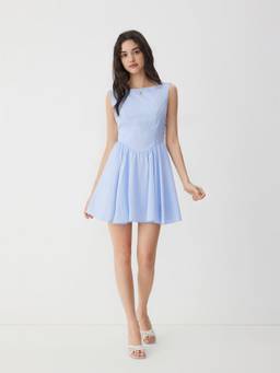 Cider - Cotton Blend Women Gingham Bowknot Boat Neck Mini Dress Baby Blue