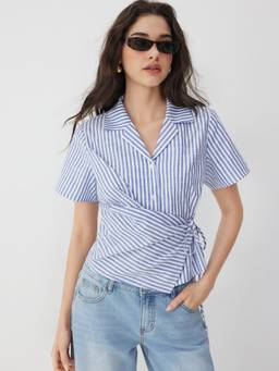 Cider - Cotton Blend Women's Striped Wrap Short Sleeve Blouse Blue