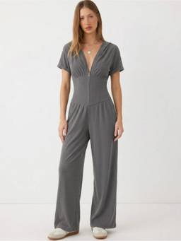 Cider - Ribbed Women's V-Neck Zip Front Wide Leg Jumpsuit Grey