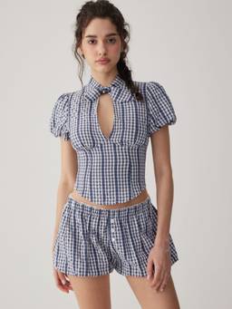 Cider - Gingham Women's Puff Sleeve Cut-Out Co-ord Set Navy Blue