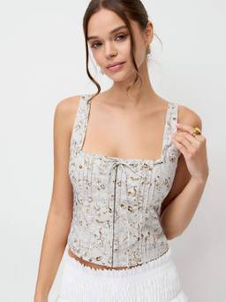 Cider - Floral Women's Square Neck Tie-Up Corset Top Baby Blue