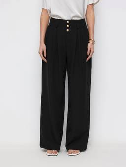 Cider - Pleated Button Women's High-Waist Wide-Leg Trousers Black