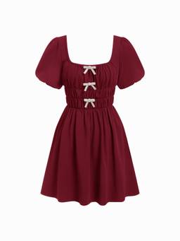 Cider - Rhinestone Bow Women's Square Neck Flared Mini Dress Burgundy