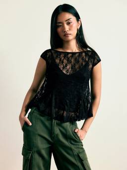 Cider - Lace Women's Boat Neck Backless Blouse & Cami Set Black