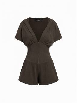 Cider - Textured Women's V-Neck Ruched Front Romper Brown