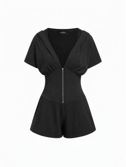 Cider - Textured Women's V-Neck Ruched Front Romper Black