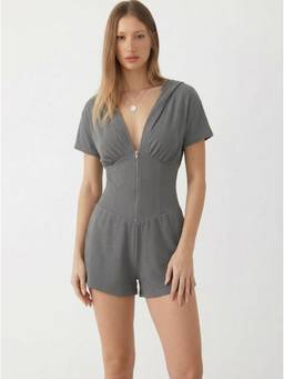 Cider - Textured Women's V-Neck Ruched Front Romper Dark Grey