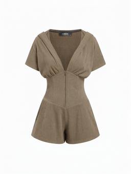 Cider - Textured Women's V-Neck Ruched Front Romper Khaki
