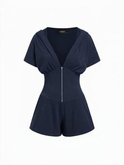 Cider - Textured Women Ruched V-Neck Zip Front Playsuit Blue