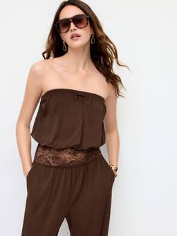 Cider - Lace Panel Women's Bandeau Jogger Jumpsuit Coffee
