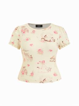 Cider - Cat & Floral Women's Slim Fit Jacquard Puff Sleeve Tee Yellow