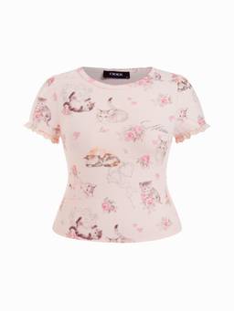 Cider - Cat & Floral Women's Graphic Jacquard Puff Sleeve Tee Pink