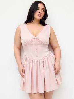 Cider - Satin Women's V-Neck Lace Panel Flared Mini Dress Pink