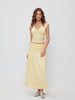 Cider - Twist Ruched Women's V-Neck Skirt Set Light Yellow