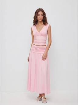 Cider - Twist Ruched Women's V-Neck Skirt Set Pink