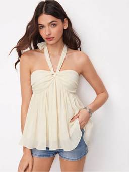 Cider - Ruched Twist Knot Women's Halter Neck Blouse Cream