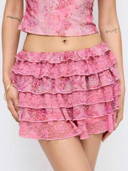 Cider - Mesh Women's Floral Ruffled Mini Skirt Pink