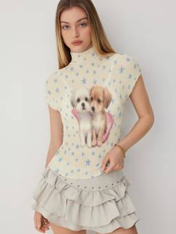 Cider - Waffle Textured Women's Graphic Print High Neck T-Shirt Cream