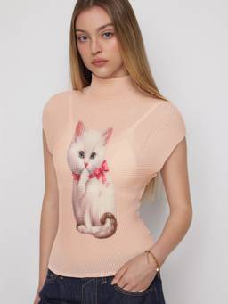 Cider - Textured Women's Cat Graphic High Neck T-Shirt Pink