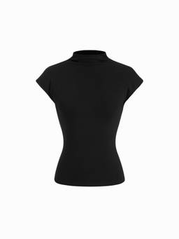 Cider - Cotton Blend Women Stand Collar Cap Sleeve Longline Top Black