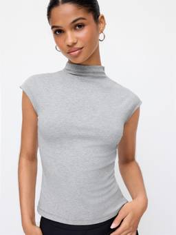 Cider - Cotton Blend Women Stand Collar Cap Sleeve Top Grey