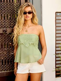 Cider - Chiffon Lace Women’s Shirred Strapless Crop Top Matcha Green