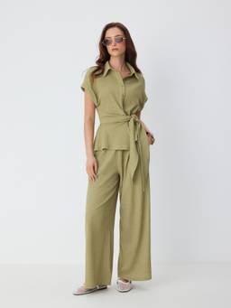 Cider - Textured Women's Draped Wide-Leg Jumpsuit Olive