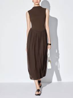Cider - Textured Women's High Neck Draped Straight Maxi Dress Brown