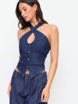 Cider - Washed Denim Women Cut-Out Halter Neck Crop Top Navy Blue