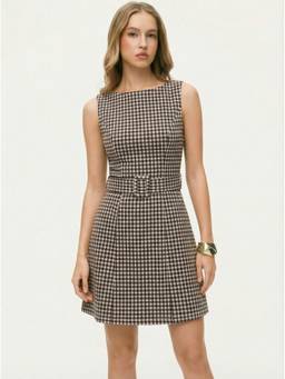 Cider - Jacquard Gingham Women’s Sleeveless Boat Neck A-Line Mini Dress Brown