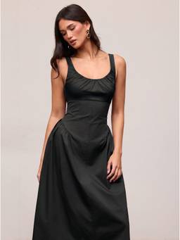 Cider - Cotton Women Scoop Neck A-Line Midi Dress Black