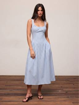 Cider - Women's Striped Scoop Neck A-Line Midi Dress Blue